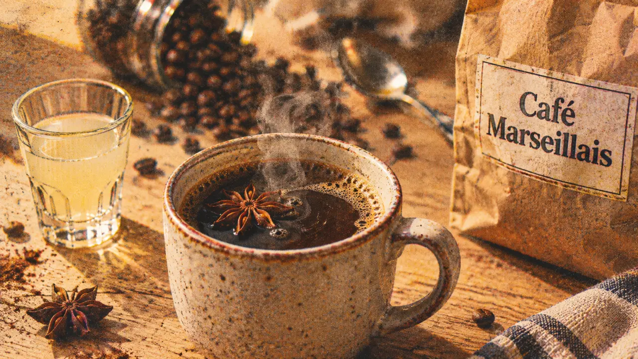 Café marseillais : tasse, anis et grains de café