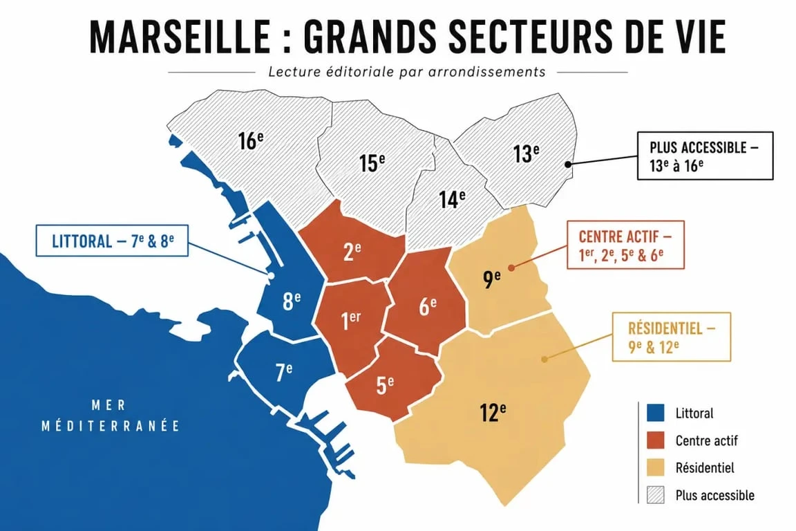 Carte conceptuelle du meilleur arrondissement de Marseille avec les secteurs mer, centre et familles