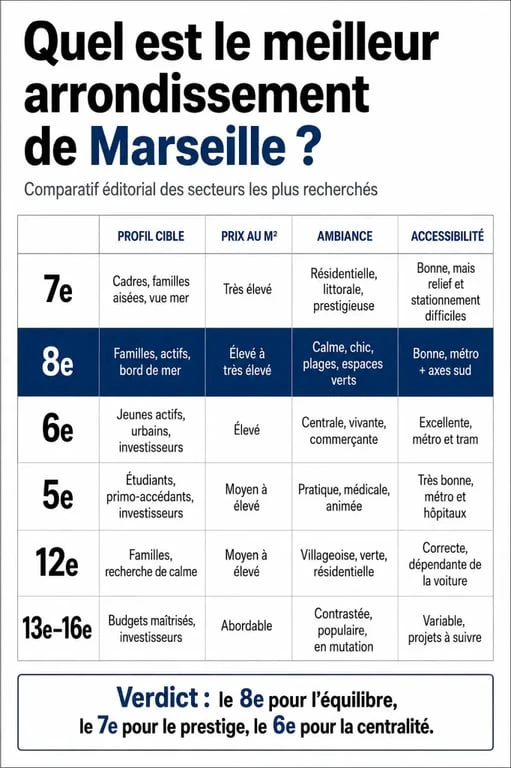Infographie du meilleur arrondissement de Marseille selon le profil, le budget et le prix au m²