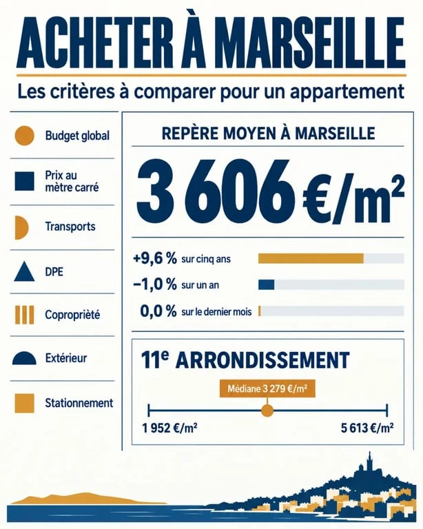 Infographie sur l'achat immobilier à Marseille : prix au mètre carré, budget, DPE et critères de visite