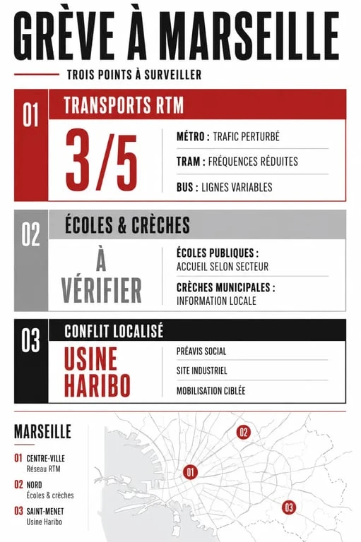 Grève Marseille : synthèse visuelle des transports RTM, écoles publiques et crèches municipales touchés