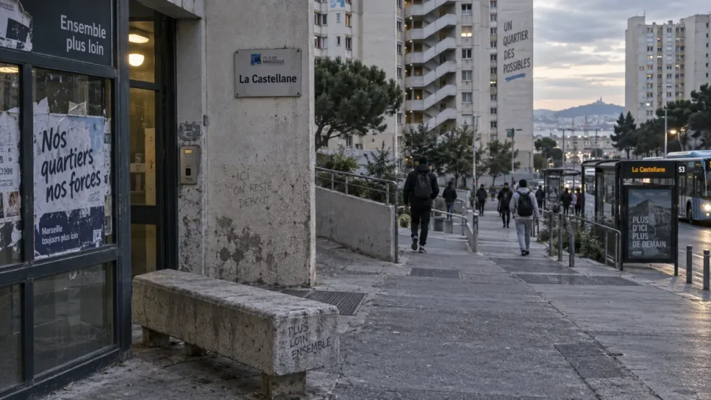 Marseille quartier la castellane : banc près d’un hall, façades du grand ensemble