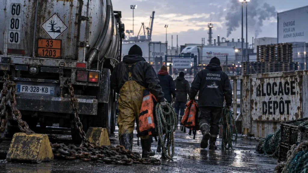 Blocage d'un dépôt pétrolier à Fos-sur-Mer par des pêcheurs en colère